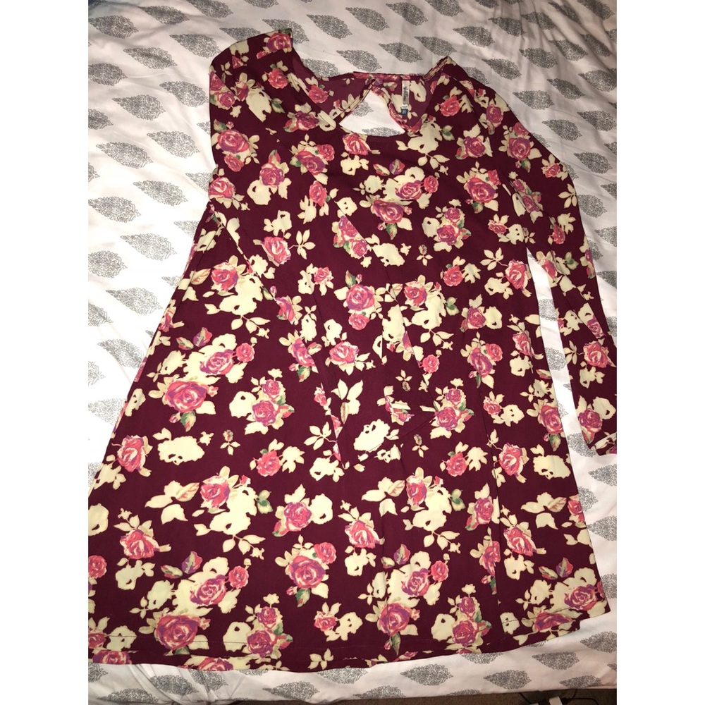 Long sleeve, floral, maroon dress